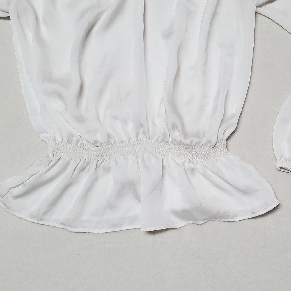 Retro Michael Kors Pearl Crinkled Satin Raglan Sleeve Smocked Waist Blouse Med - Picture 4 of 10